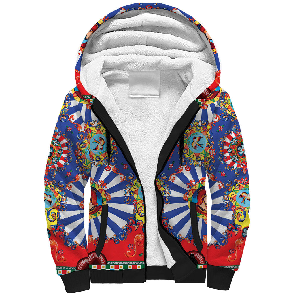 Carretto Siciliano Folk Art Sherpa Hoodie Trinacria Symbol Italian Pattern