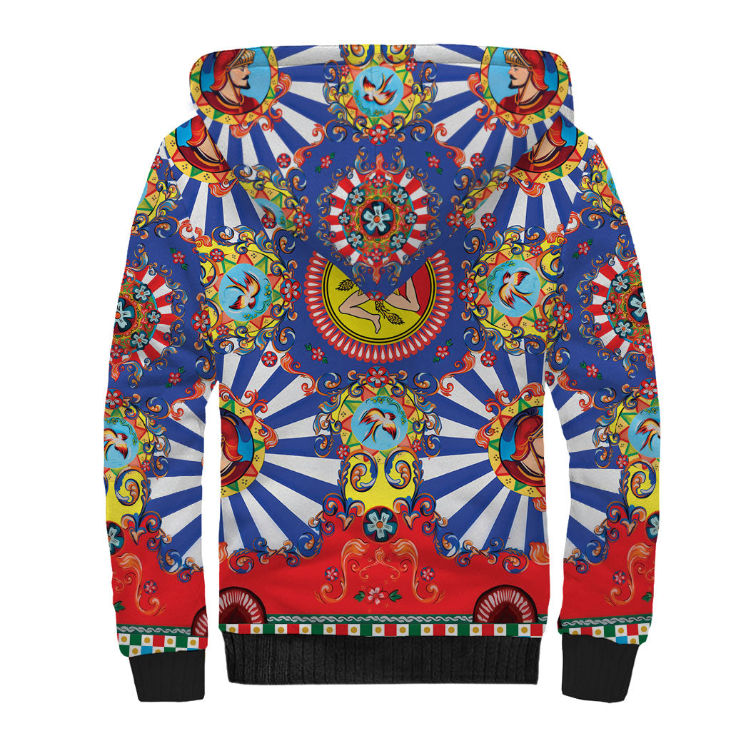 Carretto Siciliano Folk Art Sherpa Hoodie Trinacria Symbol Italian Pattern