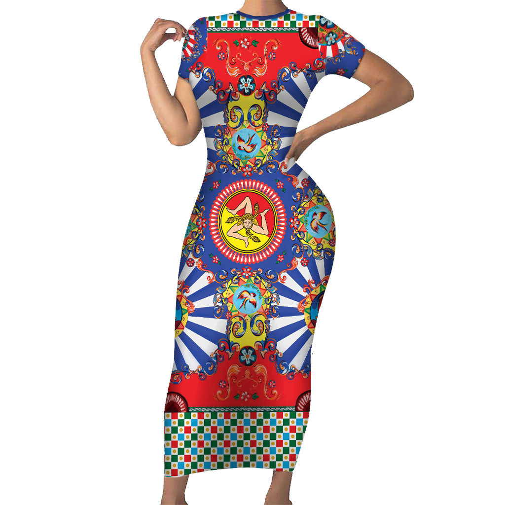 Carretto Siciliano Folk Art Short Sleeve Bodycon Dress Trinacria Symbol Italian Pattern