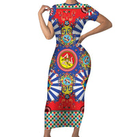 Carretto Siciliano Folk Art Short Sleeve Bodycon Dress Trinacria Symbol Italian Pattern
