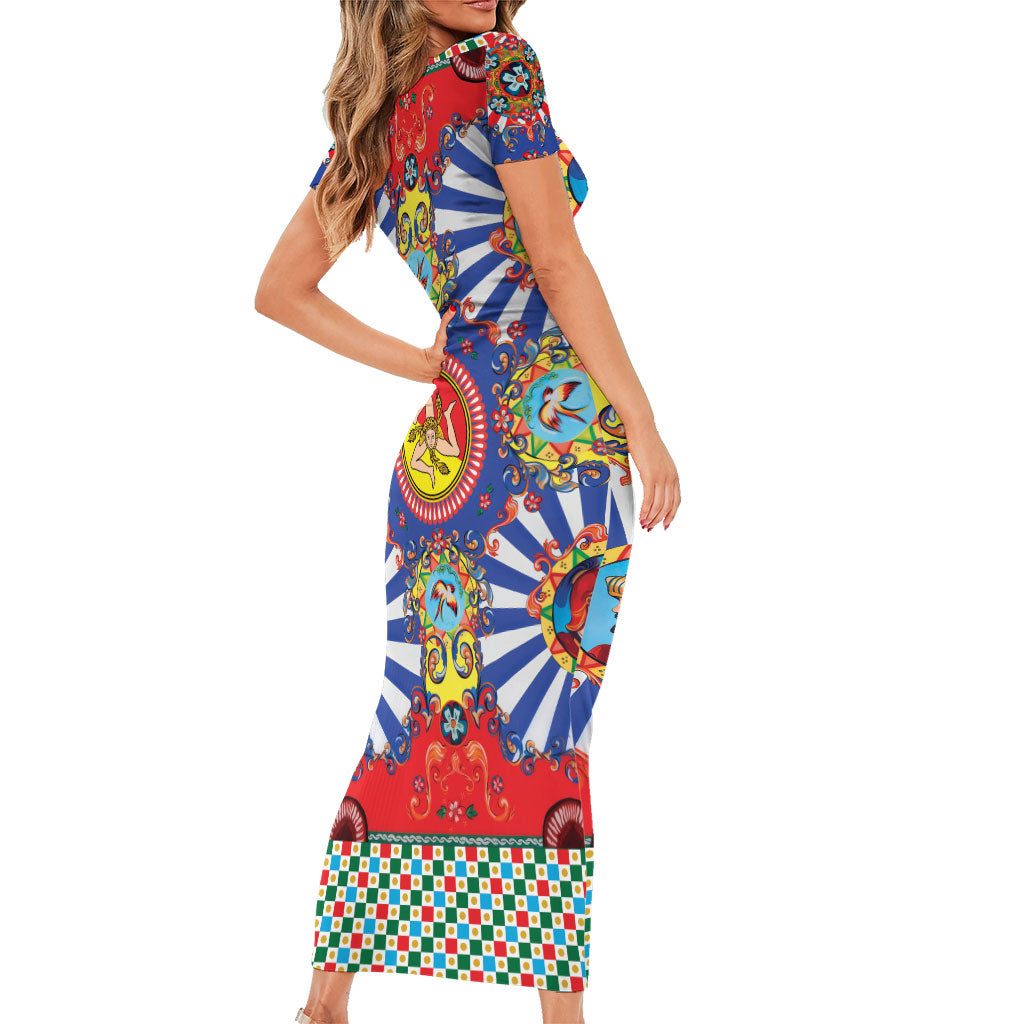 Carretto Siciliano Folk Art Short Sleeve Bodycon Dress Trinacria Symbol Italian Pattern