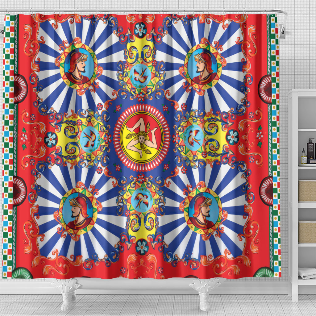 Carretto Siciliano Folk Art Shower Curtain Trinacria Symbol Italian Pattern