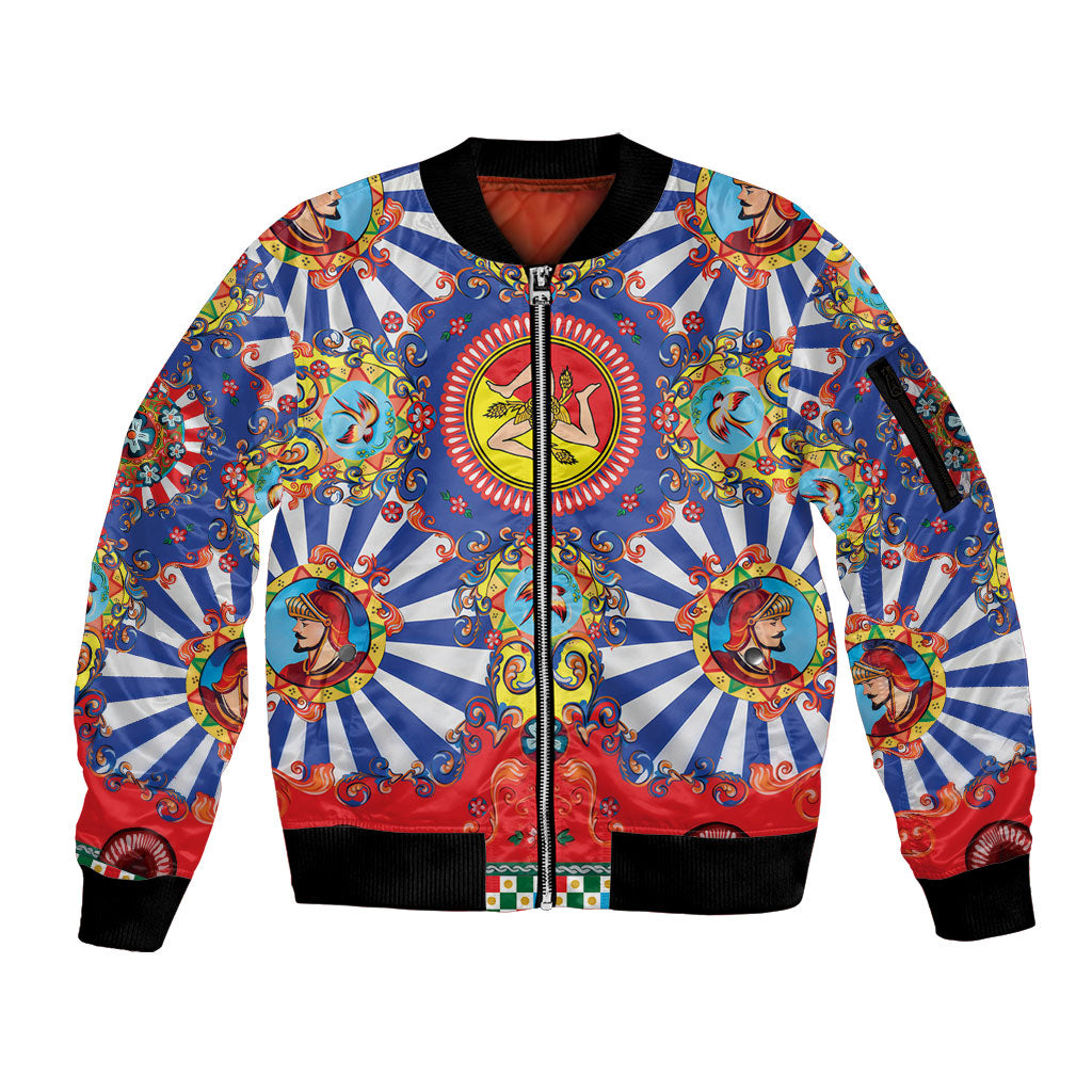 Carretto Siciliano Folk Art Sleeve Zip Bomber Jacket Trinacria Symbol Italian Pattern