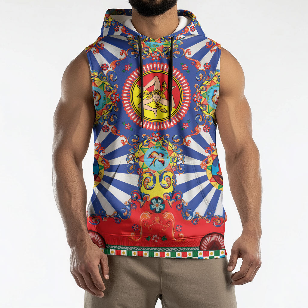 Carretto Siciliano Folk Art Sleeveless Hoodie Trinacria Symbol Italian Pattern