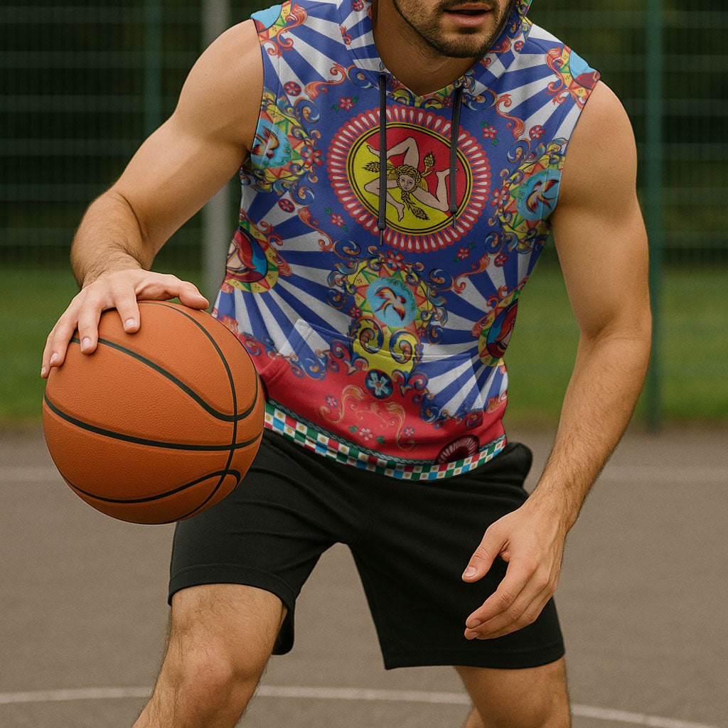 Carretto Siciliano Folk Art Sleeveless Hoodie Trinacria Symbol Italian Pattern