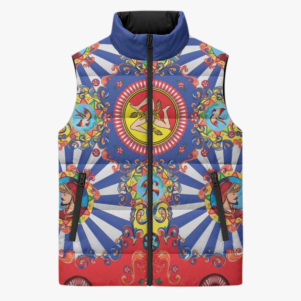 Carretto Siciliano Folk Art Sleeveless Puffer Jacket Trinacria Symbol Italian Pattern