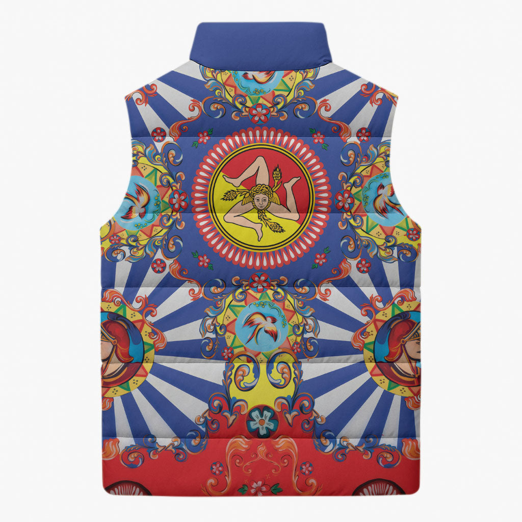 Carretto Siciliano Folk Art Sleeveless Puffer Jacket Trinacria Symbol Italian Pattern