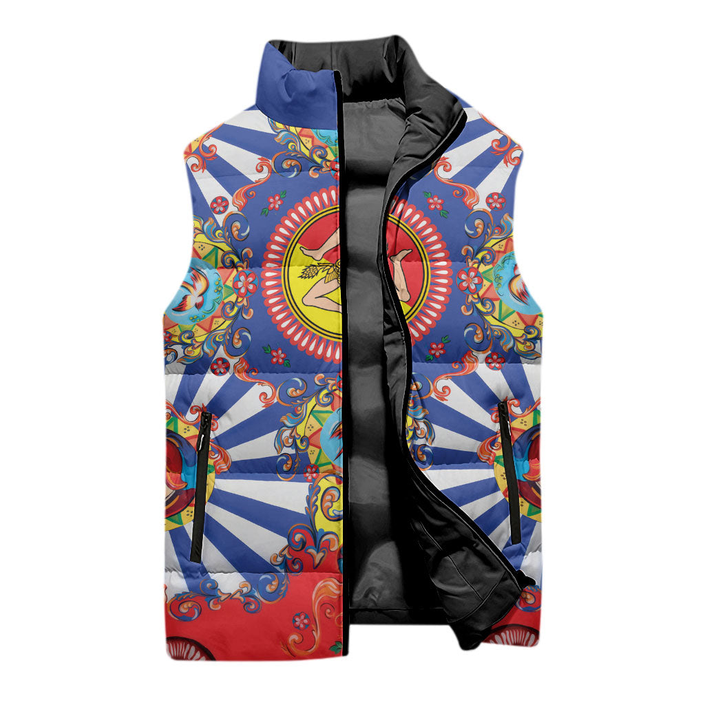 Carretto Siciliano Folk Art Sleeveless Puffer Jacket Trinacria Symbol Italian Pattern