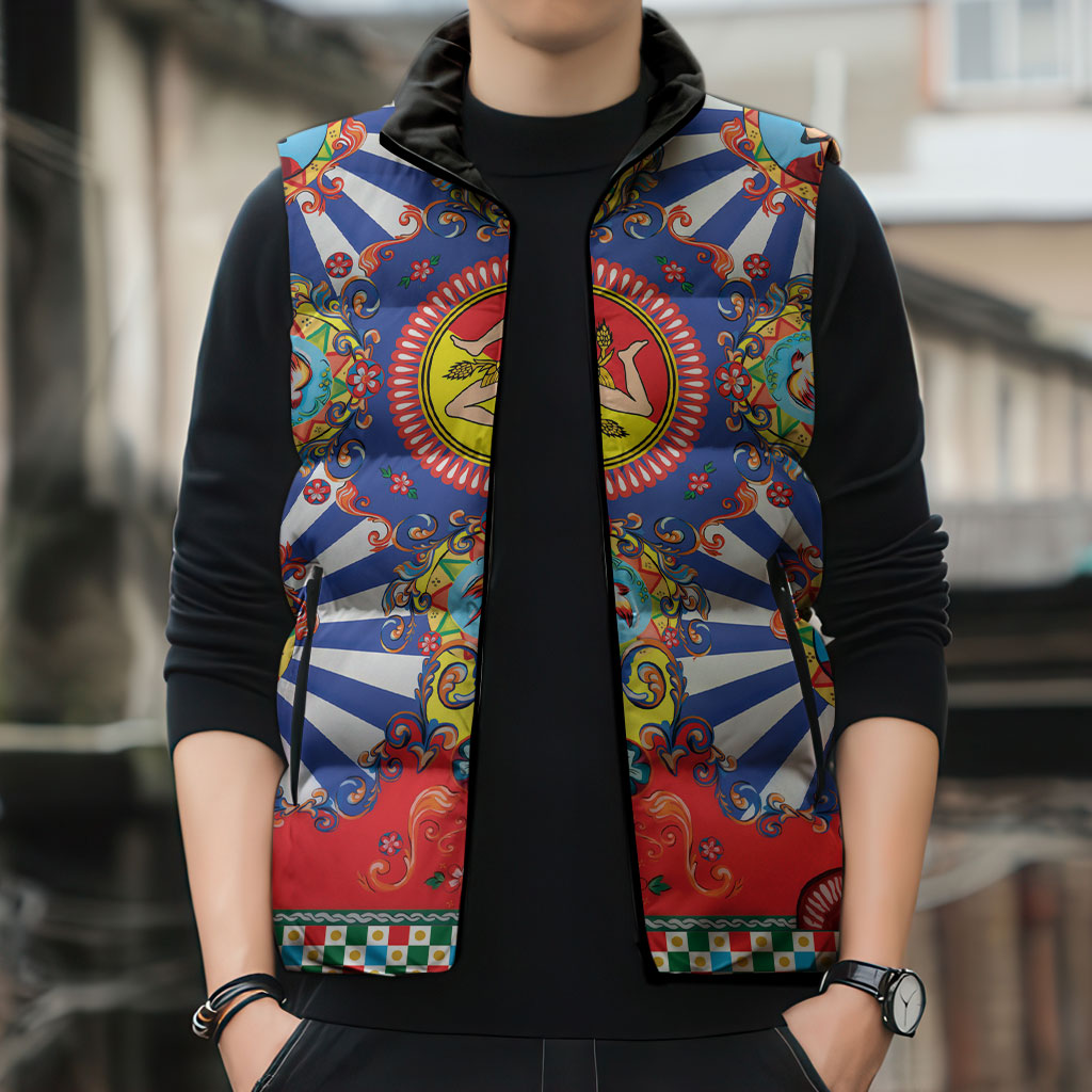 Carretto Siciliano Folk Art Sleeveless Puffer Jacket Trinacria Symbol Italian Pattern