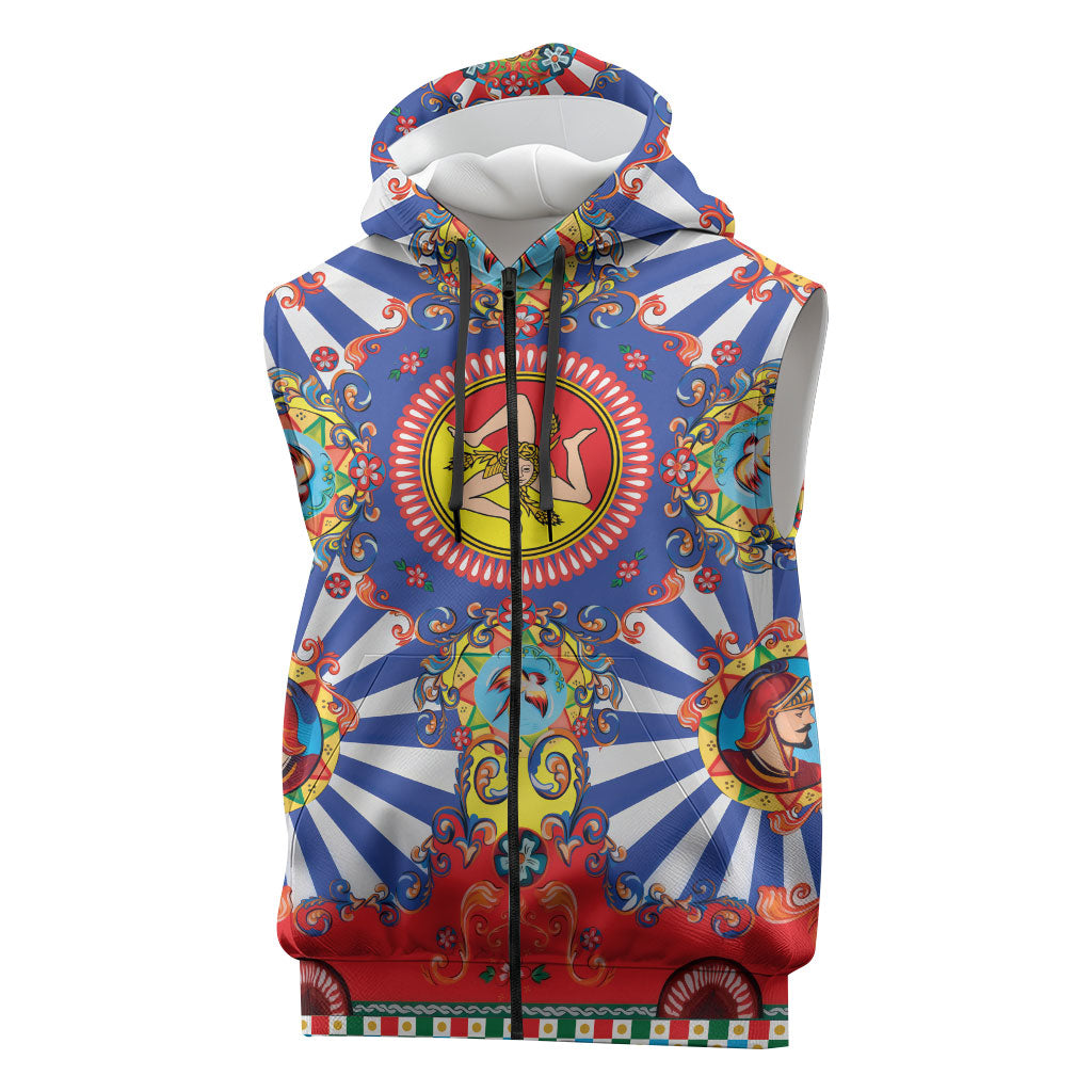 Carretto Siciliano Folk Art Sleeveless Zip Hoodie Trinacria Symbol Italian Pattern