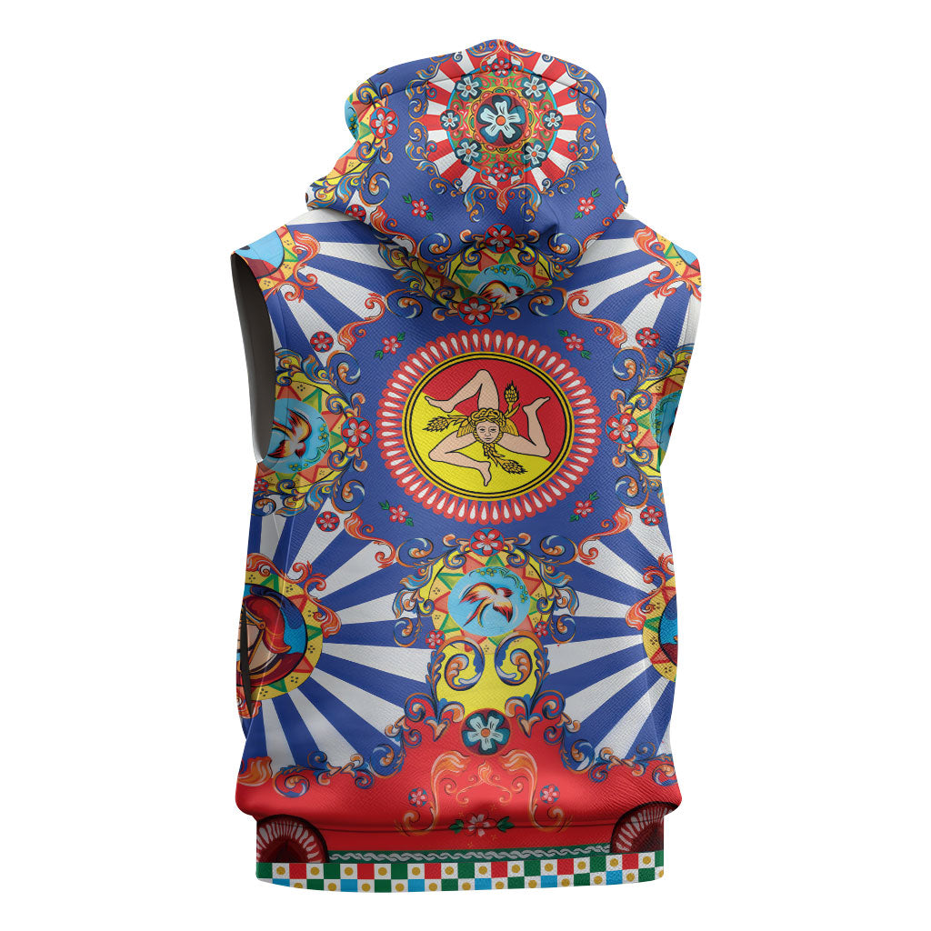 Carretto Siciliano Folk Art Sleeveless Zip Hoodie Trinacria Symbol Italian Pattern