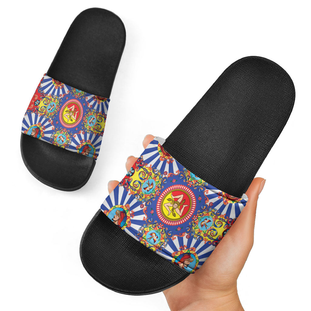 Carretto Siciliano Folk Art Slide Sandals Trinacria Symbol Italian Pattern