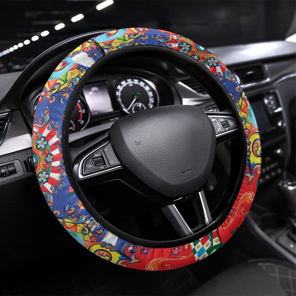 Carretto Siciliano Folk Art Steering Wheel Cover Trinacria Symbol Italian Pattern