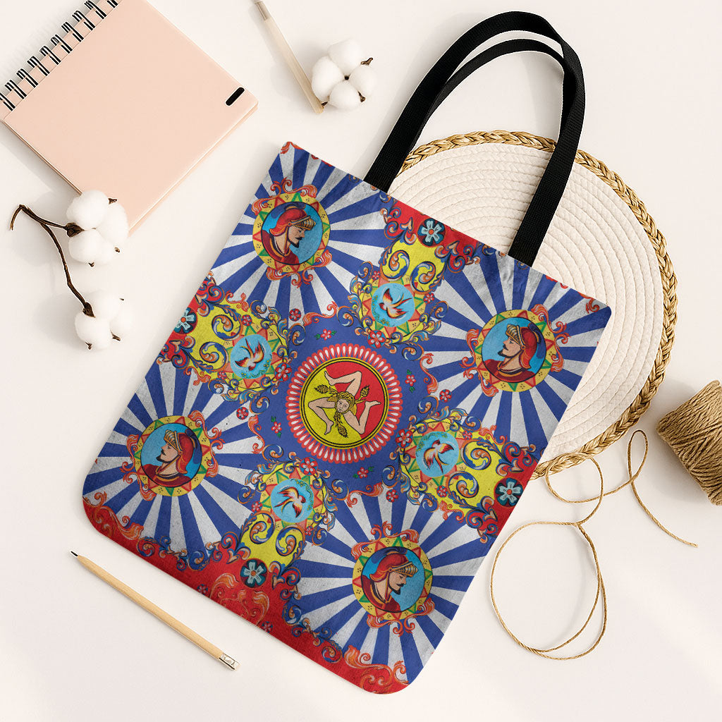 Carretto Siciliano Folk Art Tote Bag Trinacria Symbol Italian Pattern