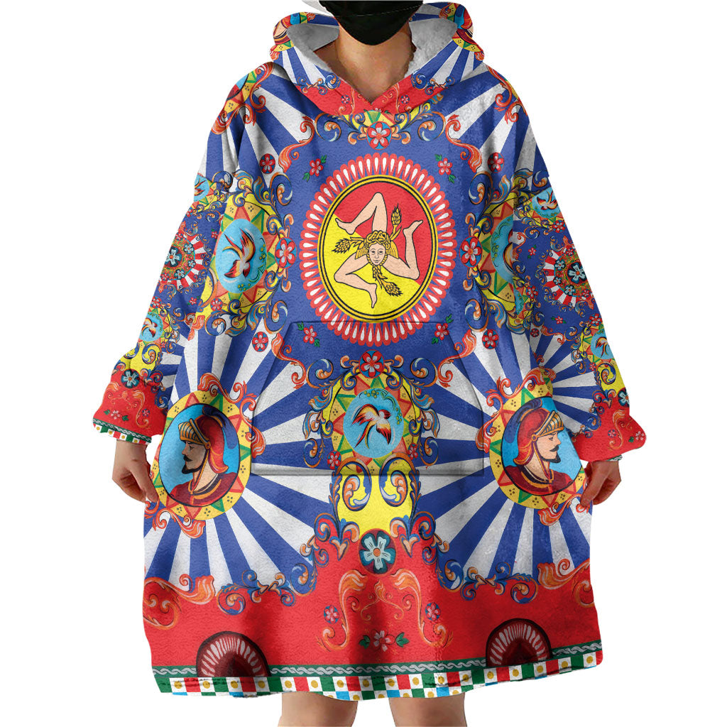 Carretto Siciliano Folk Art Wearable Blanket Hoodie Trinacria Symbol Italian Pattern