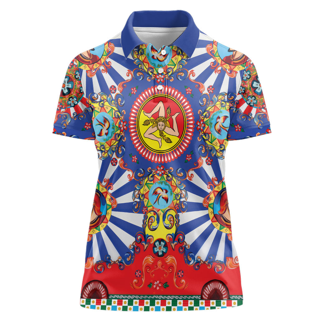 Carretto Siciliano Folk Art Women Polo Shirt Trinacria Symbol Italian Pattern
