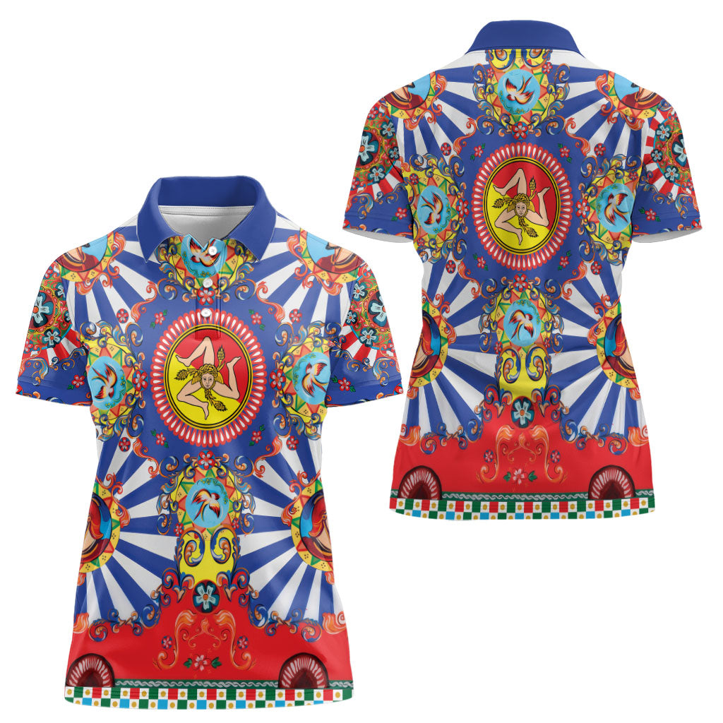 Carretto Siciliano Folk Art Women Polo Shirt Trinacria Symbol Italian Pattern