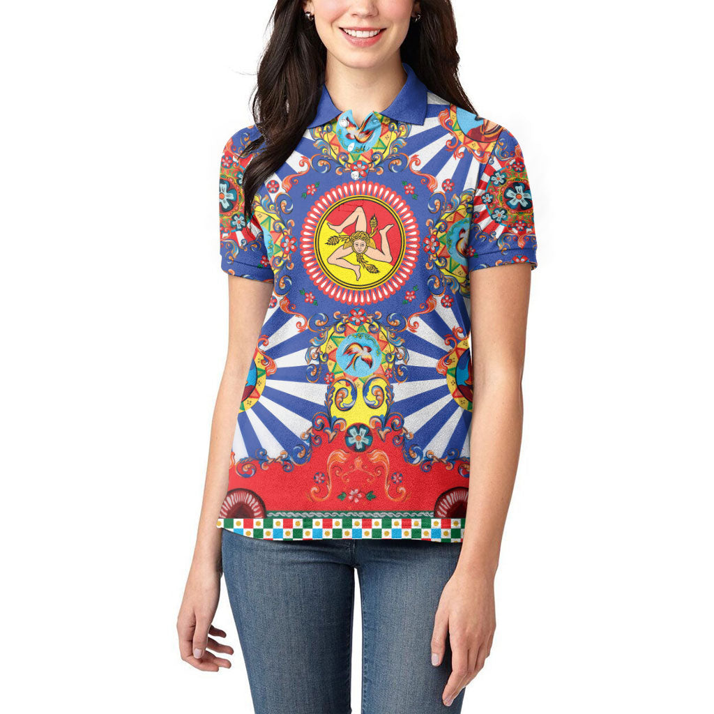 Carretto Siciliano Folk Art Women Polo Shirt Trinacria Symbol Italian Pattern