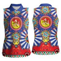 Carretto Siciliano Folk Art Women Sleeveless Polo Shirt Trinacria Symbol Italian Pattern