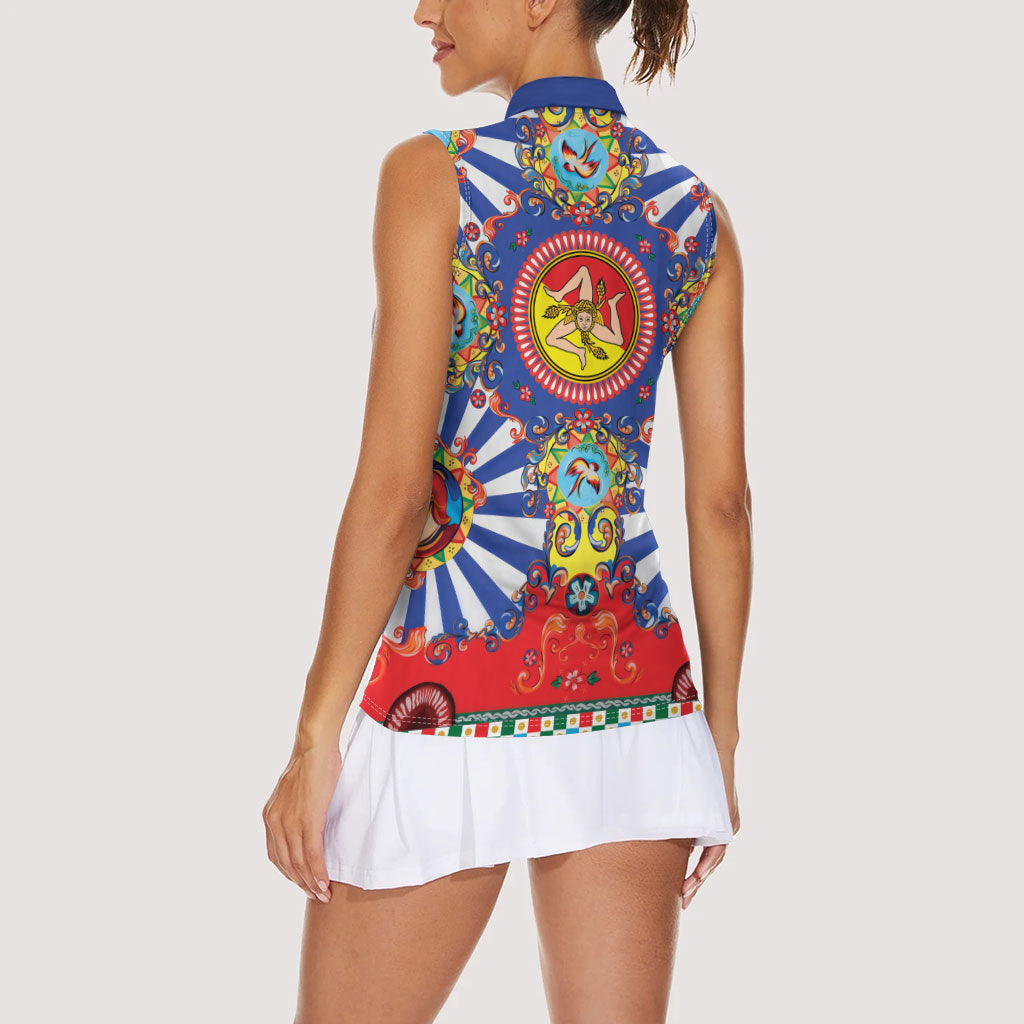 Carretto Siciliano Folk Art Women Sleeveless Polo Shirt Trinacria Symbol Italian Pattern