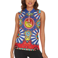 Carretto Siciliano Folk Art Women Sleeveless Polo Shirt Trinacria Symbol Italian Pattern