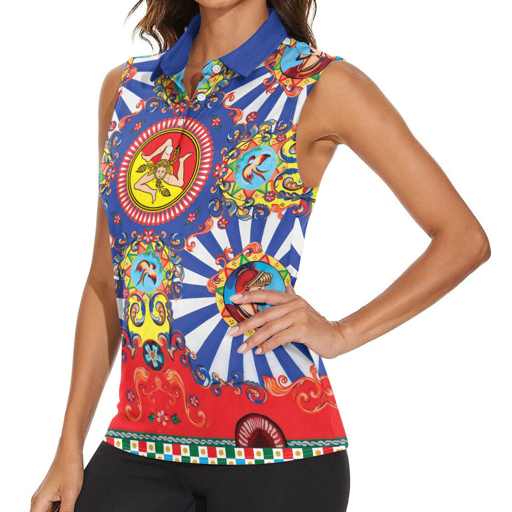 Carretto Siciliano Folk Art Women Sleeveless Polo Shirt Trinacria Symbol Italian Pattern