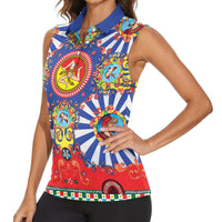 Carretto Siciliano Folk Art Women Sleeveless Polo Shirt Trinacria Symbol Italian Pattern