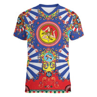 Carretto Siciliano Folk Art Women V-Neck T-Shirt Trinacria Symbol Italian Pattern