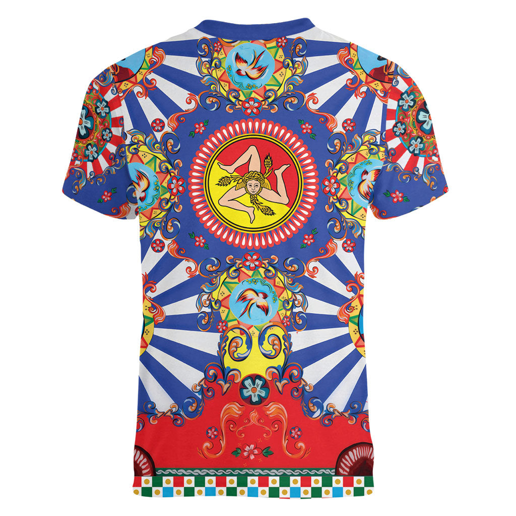 Carretto Siciliano Folk Art Women V-Neck T-Shirt Trinacria Symbol Italian Pattern