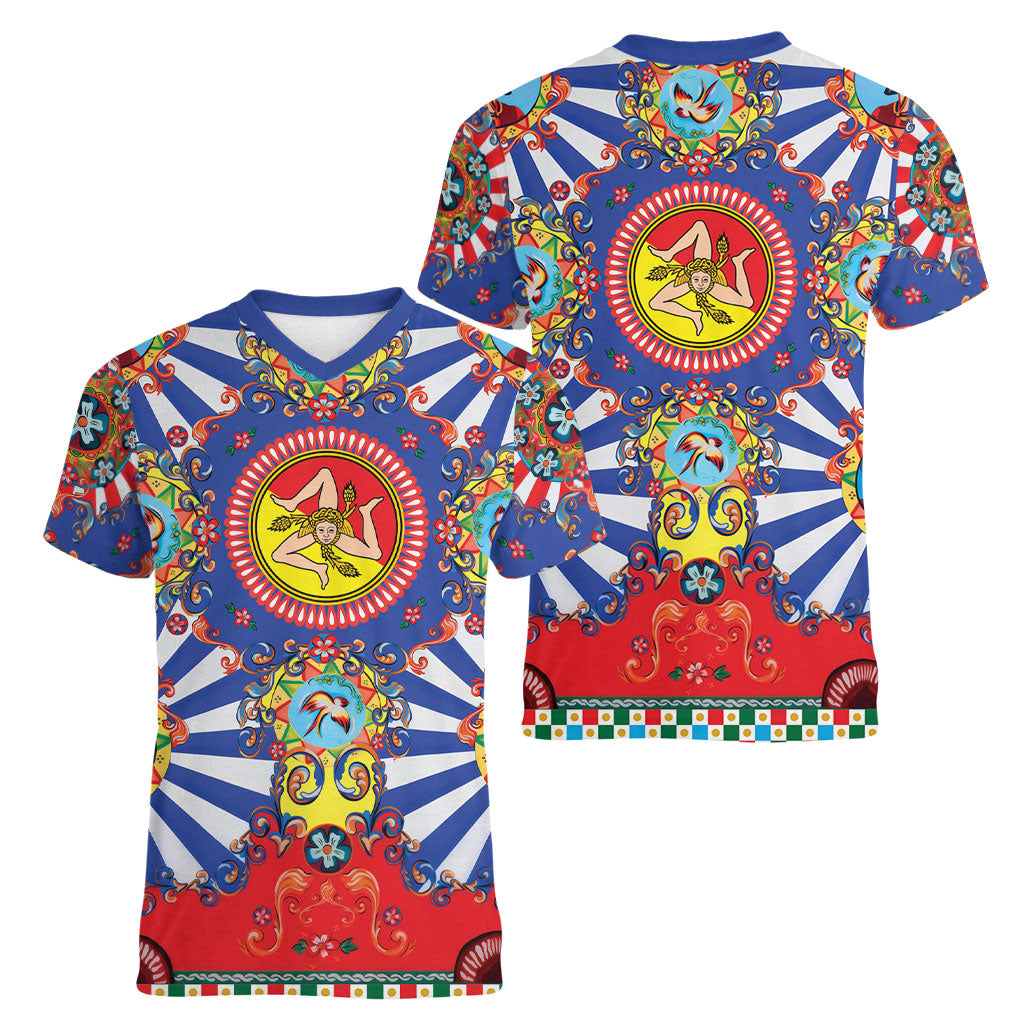 Carretto Siciliano Folk Art Women V-Neck T-Shirt Trinacria Symbol Italian Pattern