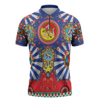 Carretto Siciliano Folk Art Zipper Polo Shirt Trinacria Symbol Italian Pattern