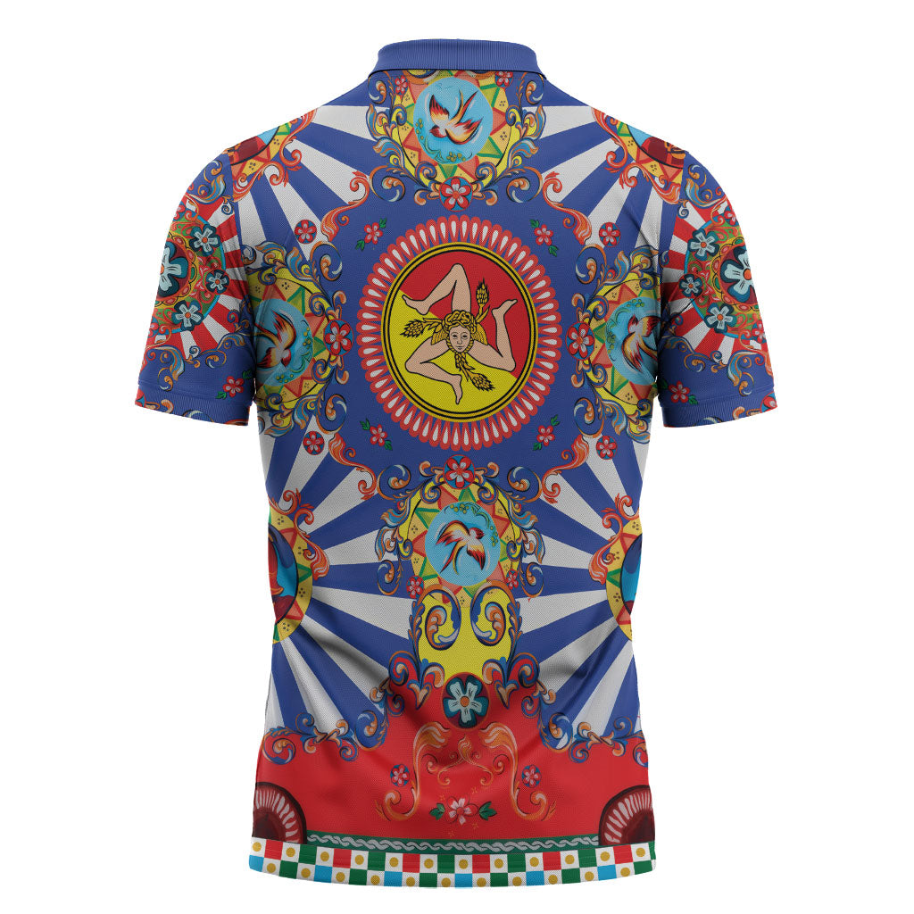 Carretto Siciliano Folk Art Zipper Polo Shirt Trinacria Symbol Italian Pattern