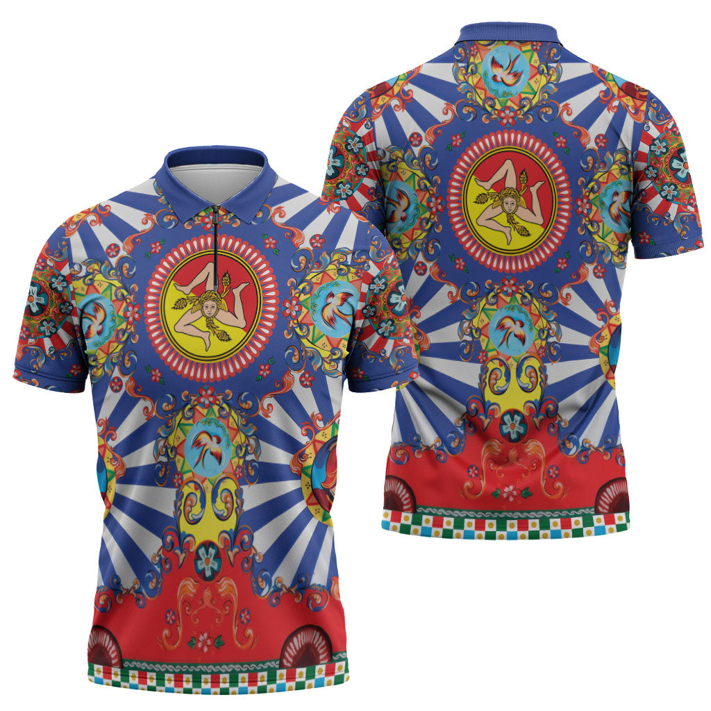Carretto Siciliano Folk Art Zipper Polo Shirt Trinacria Symbol Italian Pattern