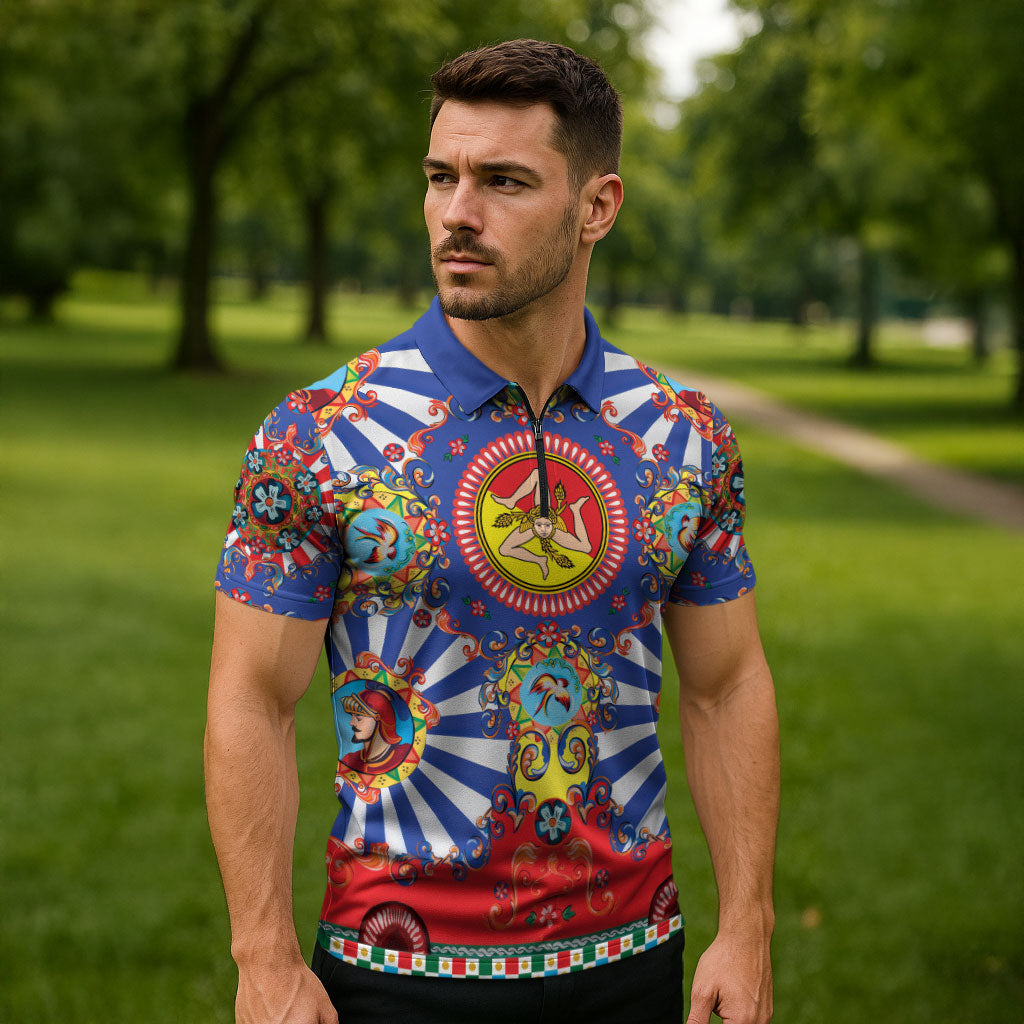 Carretto Siciliano Folk Art Zipper Polo Shirt Trinacria Symbol Italian Pattern