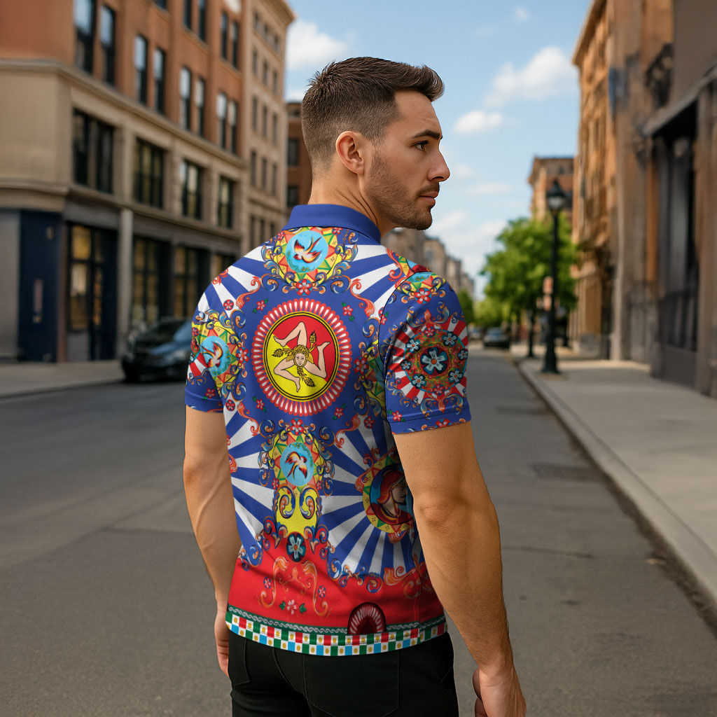 Carretto Siciliano Folk Art Zipper Polo Shirt Trinacria Symbol Italian Pattern