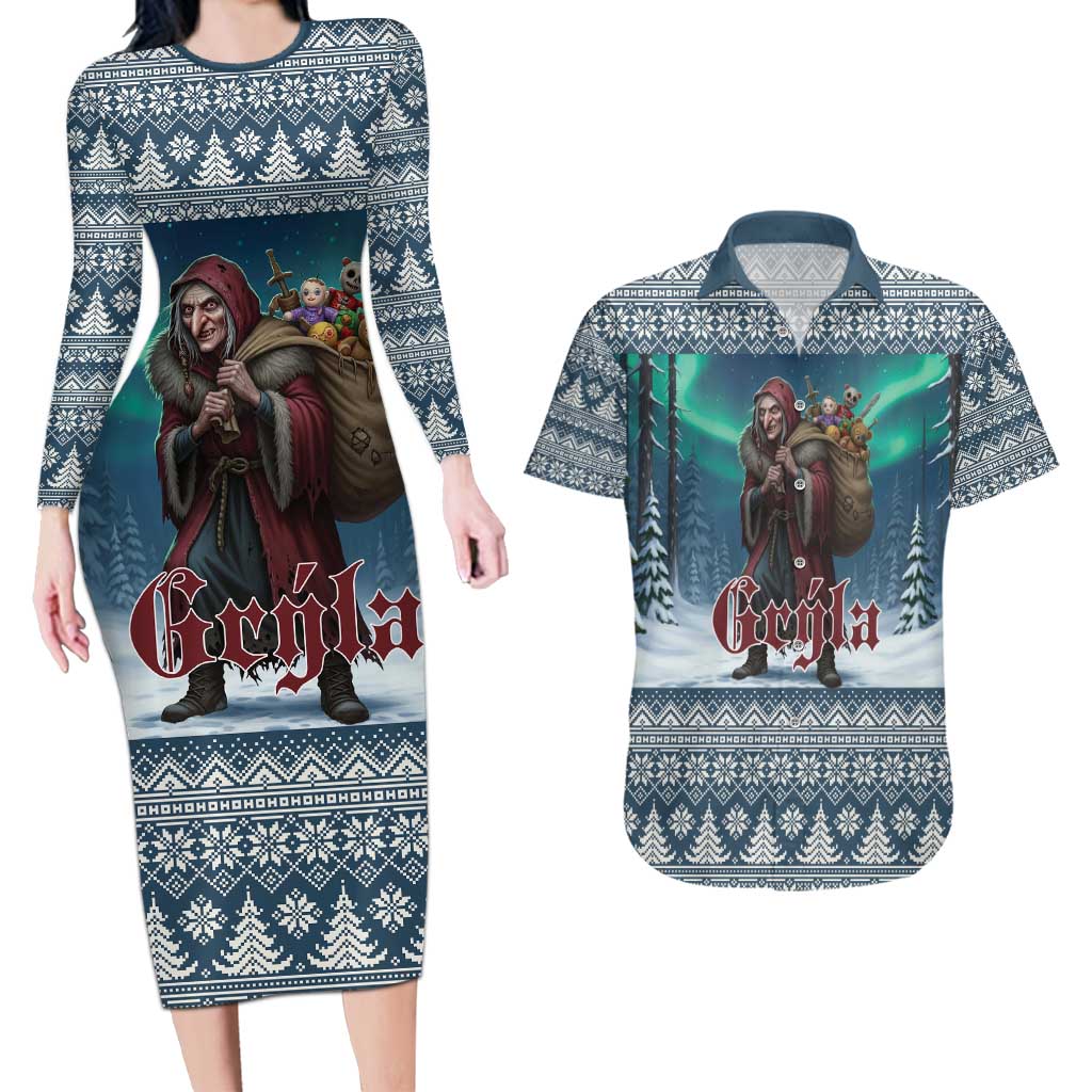 Iceland Christmas Couples Matching Long Sleeve Bodycon Dress and Hawaiian Shirt Icelandic Gryla Evil Mother of Yule Lads LT19