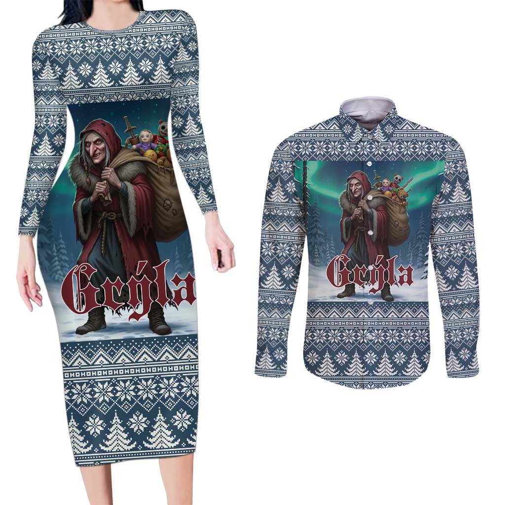 Iceland Christmas Couples Matching Long Sleeve Bodycon Dress and Long Sleeve Button Shirt Icelandic Gryla Evil Mother of Yule Lads - Wonder Print Shop