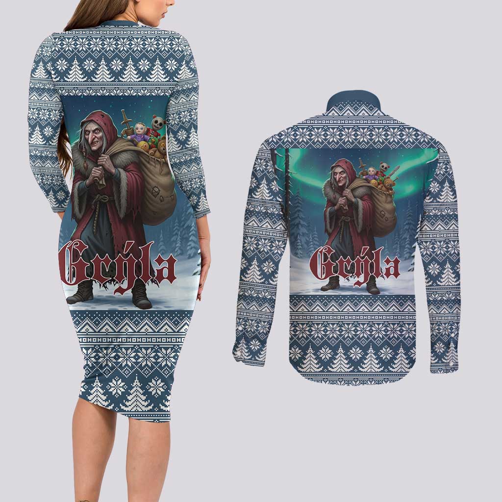 Iceland Christmas Couples Matching Long Sleeve Bodycon Dress and Long Sleeve Button Shirt Icelandic Gryla Evil Mother of Yule Lads LT19