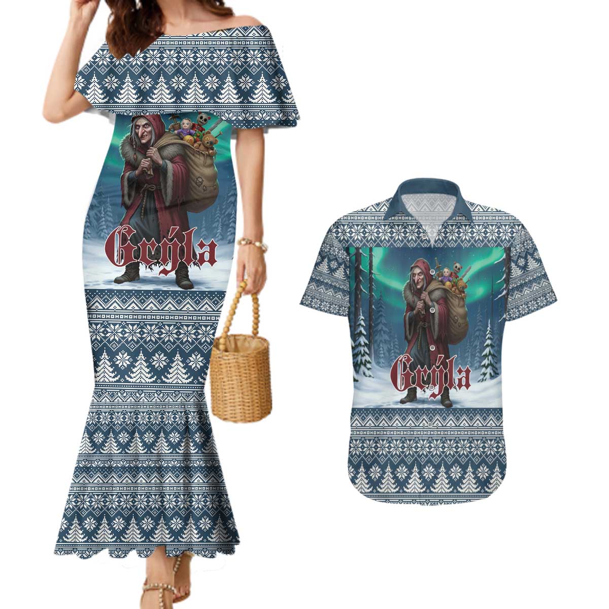 Iceland Christmas Couples Matching Mermaid Dress and Hawaiian Shirt Icelandic Gryla Evil Mother of Yule Lads LT19