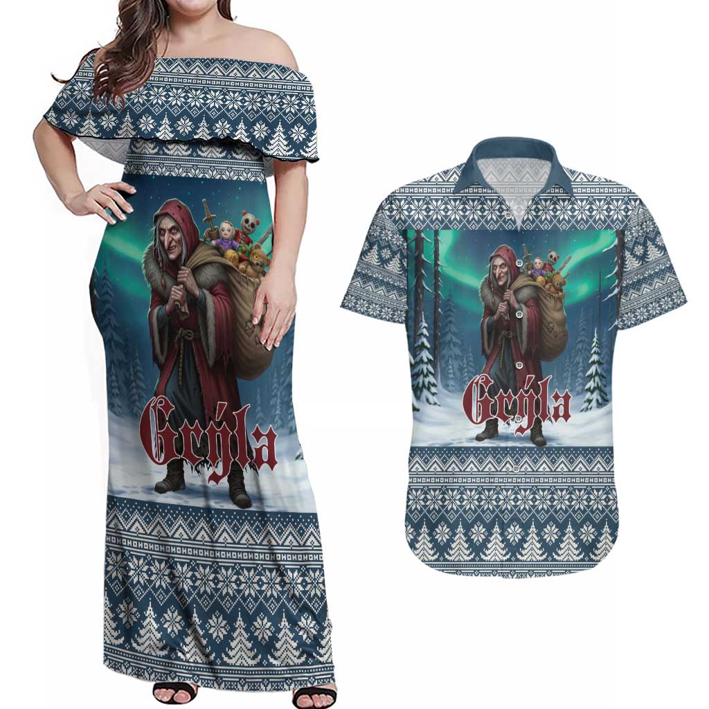 Iceland Christmas Couples Matching Off Shoulder Maxi Dress and Hawaiian Shirt Icelandic Gryla Evil Mother of Yule Lads LT19