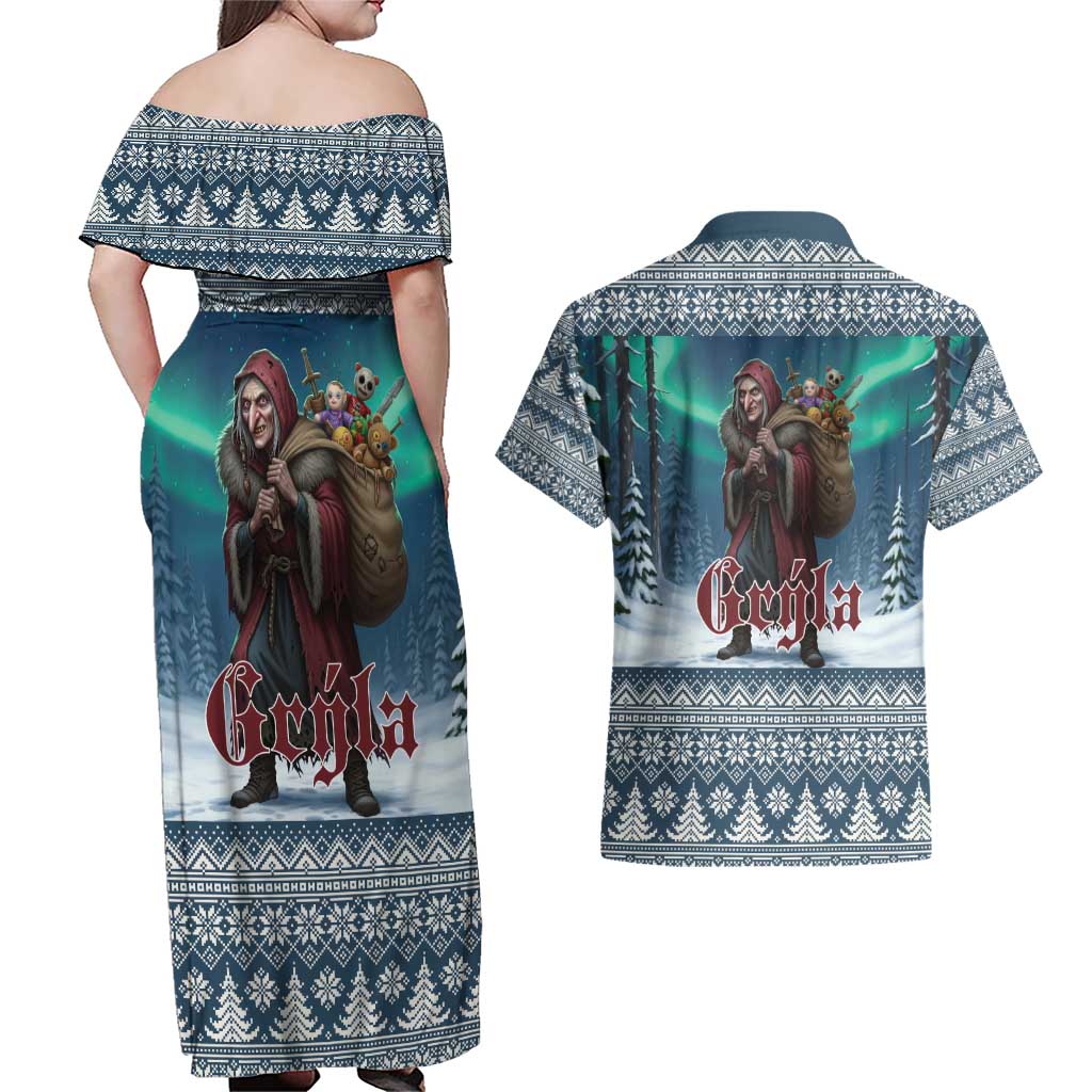Iceland Christmas Couples Matching Off Shoulder Maxi Dress and Hawaiian Shirt Icelandic Gryla Evil Mother of Yule Lads LT19