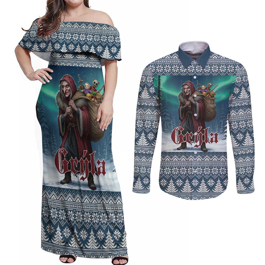 Iceland Christmas Couples Matching Off Shoulder Maxi Dress and Long Sleeve Button Shirt Icelandic Gryla Evil Mother of Yule Lads LT19