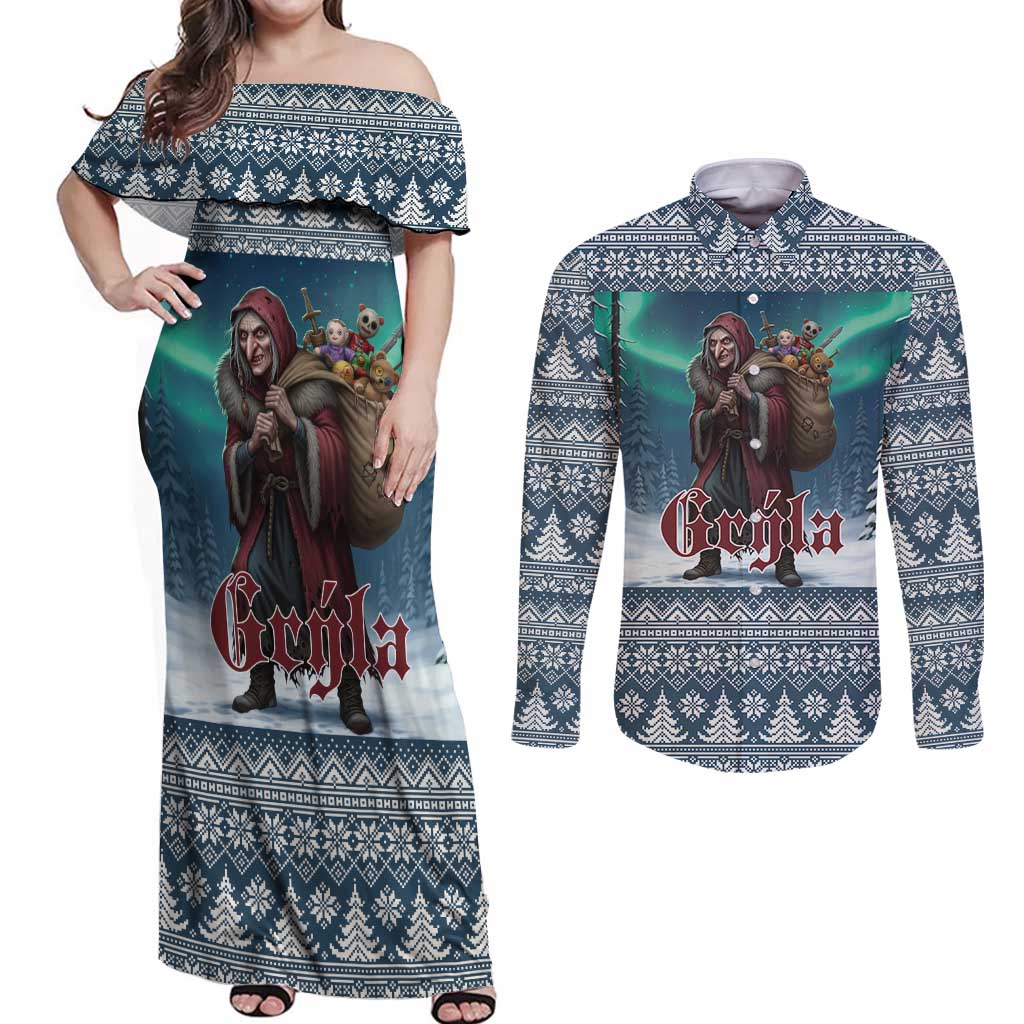Iceland Christmas Couples Matching Off Shoulder Maxi Dress and Long Sleeve Button Shirt Icelandic Gryla Evil Mother of Yule Lads - Wonder Print Shop