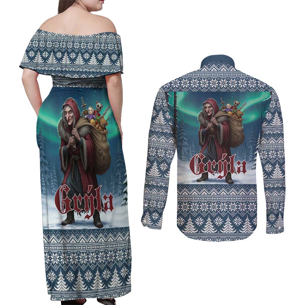 Iceland Christmas Couples Matching Off Shoulder Maxi Dress and Long Sleeve Button Shirt Icelandic Gryla Evil Mother of Yule Lads LT19