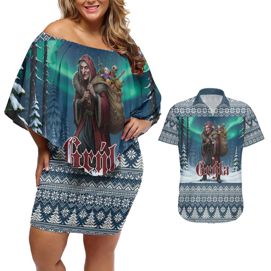 Iceland Christmas Couples Matching Off Shoulder Short Dress and Hawaiian Shirt Icelandic Gryla Evil Mother of Yule Lads LT19