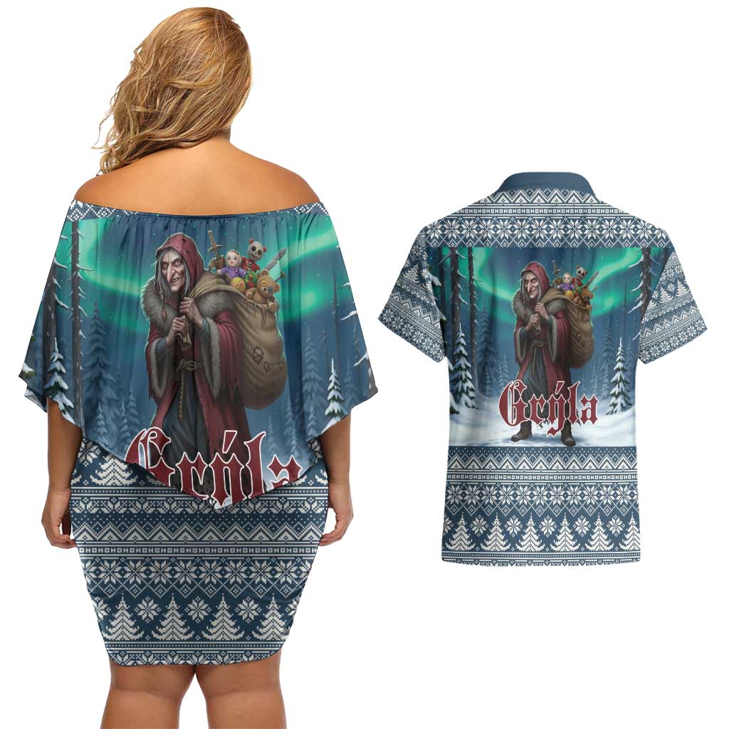 Iceland Christmas Couples Matching Off Shoulder Short Dress and Hawaiian Shirt Icelandic Gryla Evil Mother of Yule Lads LT19