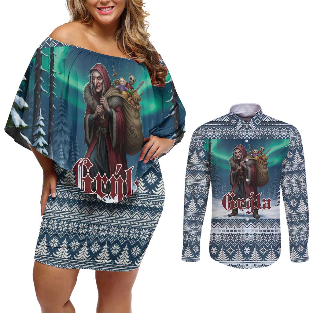 Iceland Christmas Couples Matching Off Shoulder Short Dress and Long Sleeve Button Shirt Icelandic Gryla Evil Mother of Yule Lads - Wonder Print Shop