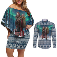 Iceland Christmas Couples Matching Off Shoulder Short Dress and Long Sleeve Button Shirt Icelandic Gryla Evil Mother of Yule Lads LT19