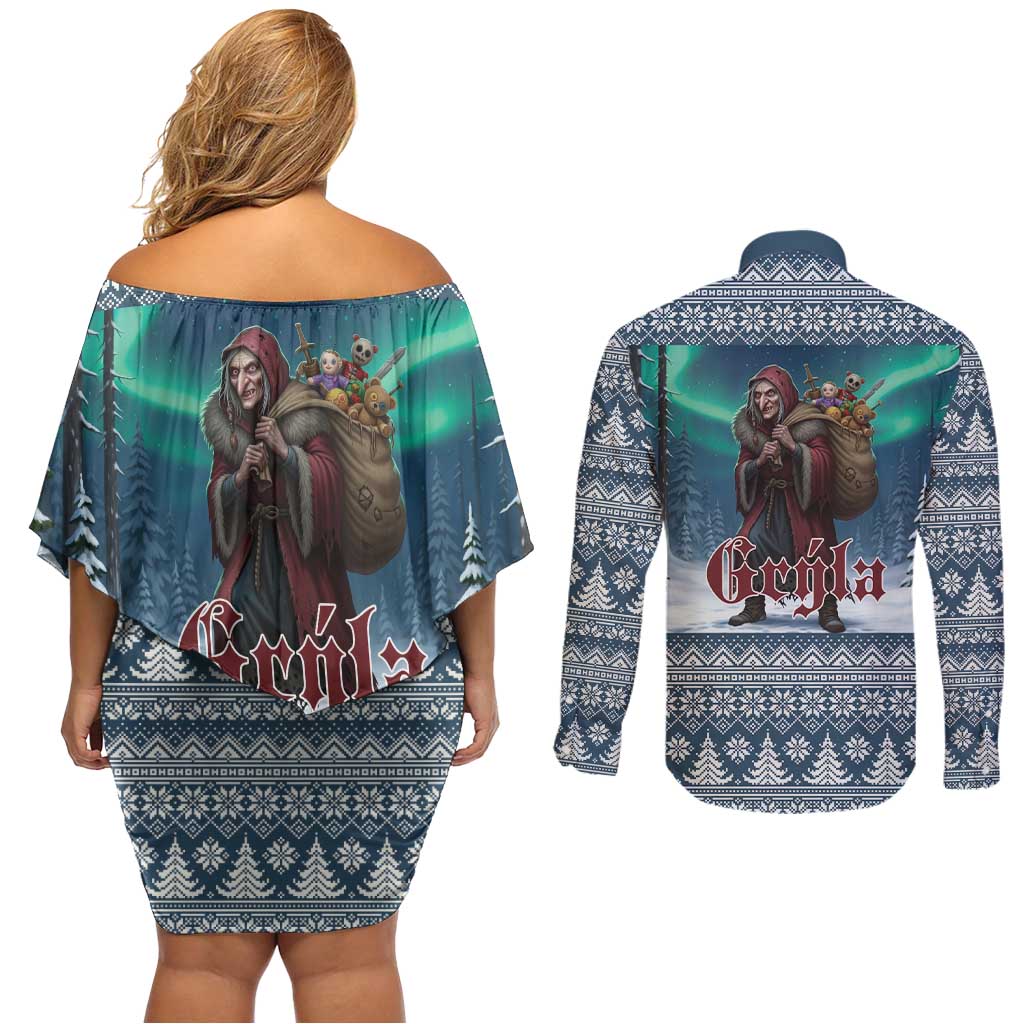 Iceland Christmas Couples Matching Off Shoulder Short Dress and Long Sleeve Button Shirt Icelandic Gryla Evil Mother of Yule Lads LT19
