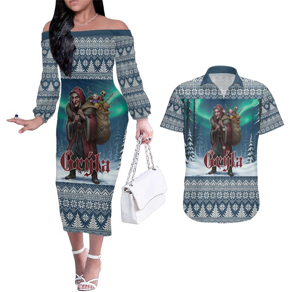 Iceland Christmas Couples Matching Off The Shoulder Long Sleeve Dress and Hawaiian Shirt Icelandic Gryla Evil Mother of Yule Lads LT19